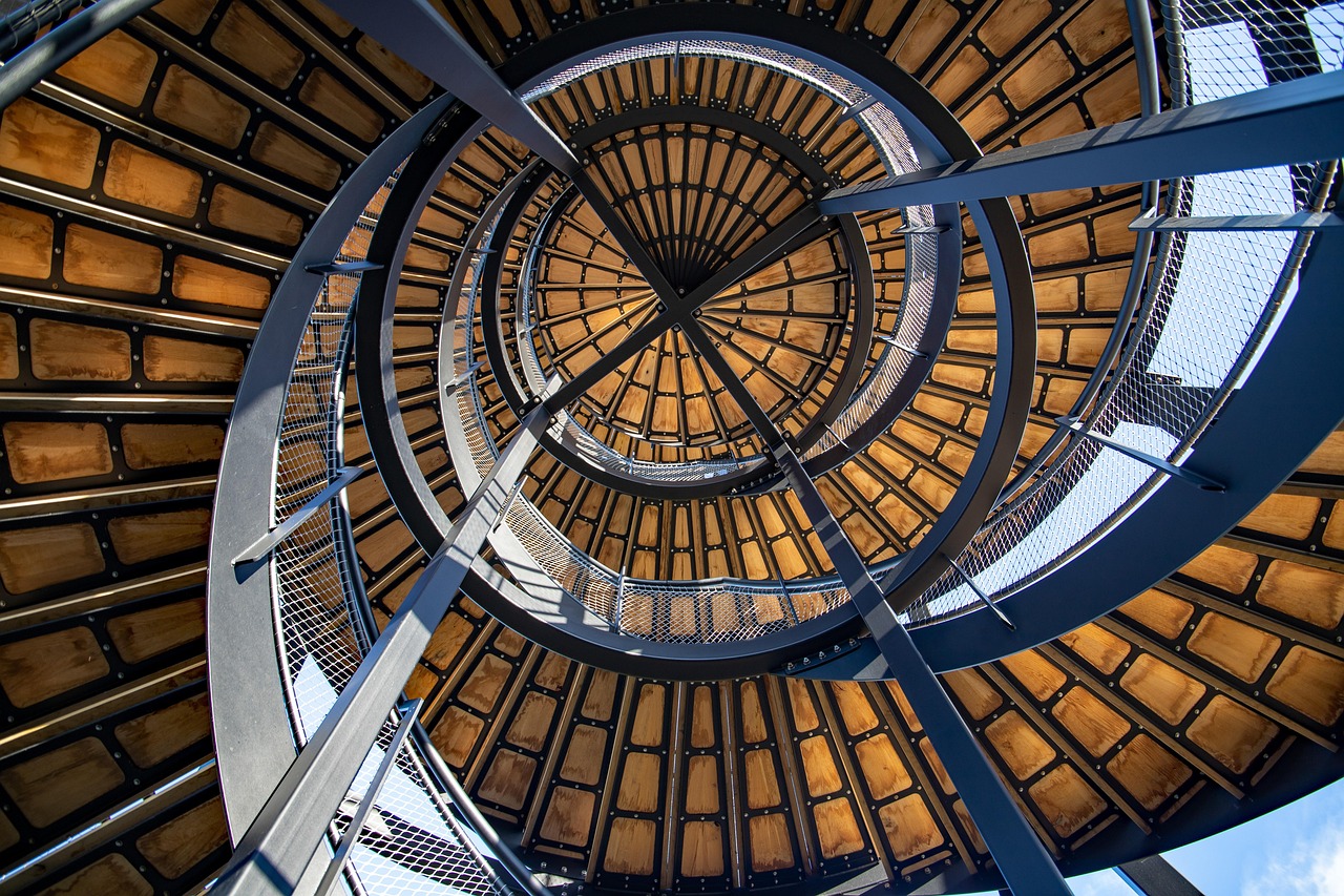 Spiral wood and steel staircase